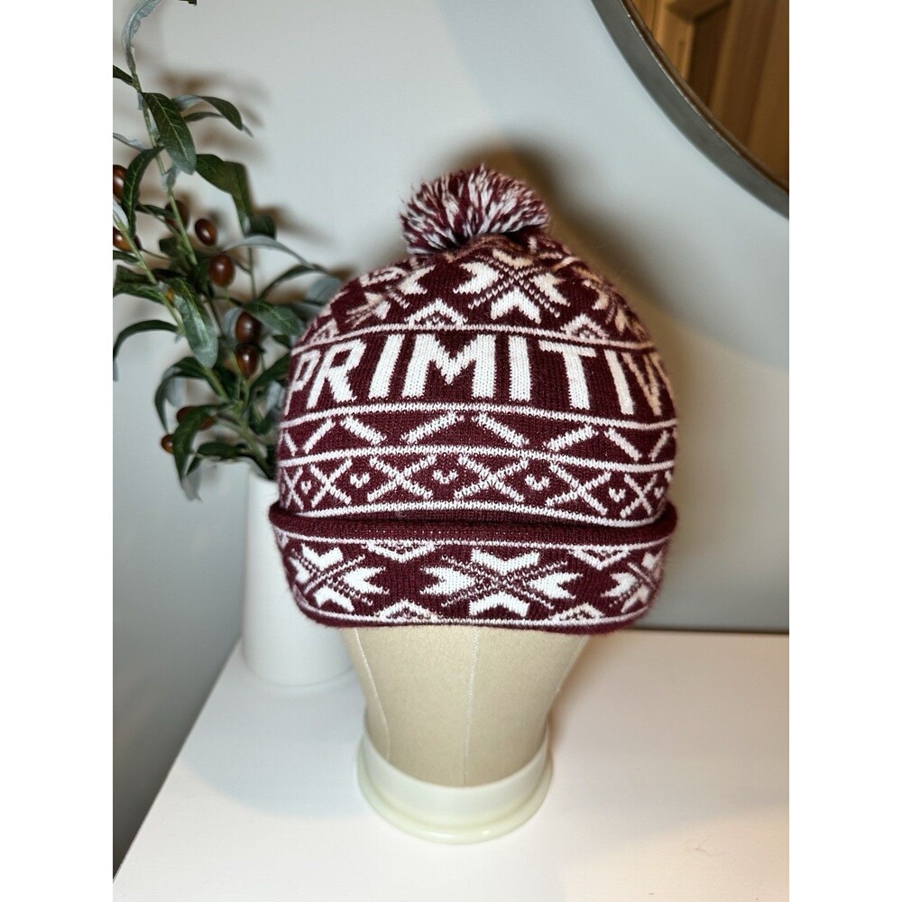 Primitive Skateboarding Beanie Burgundy Maroon White Fair Isle Pom Pom Knit Hat
